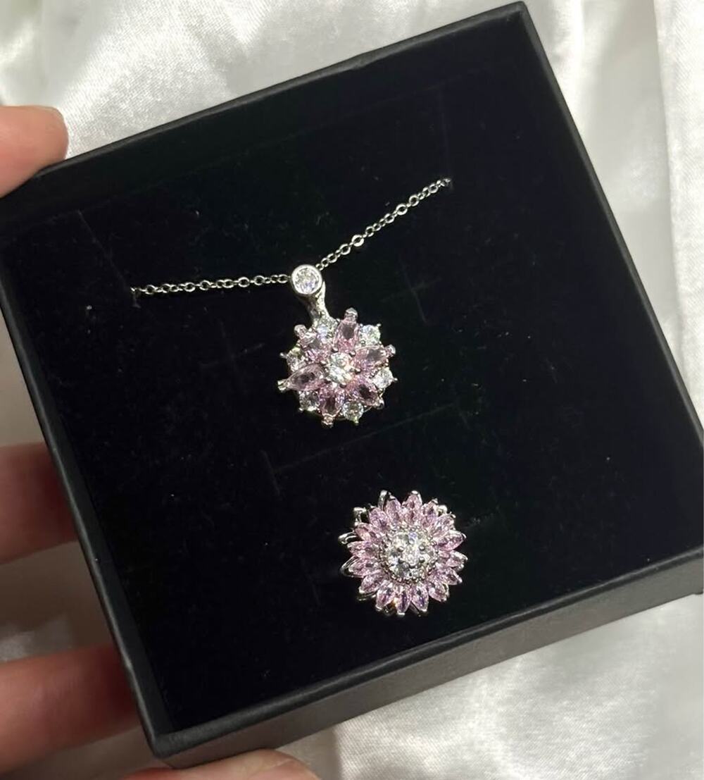 Stainless Steel Pink Flower Spinner/Fidget Necklace & Ring Set